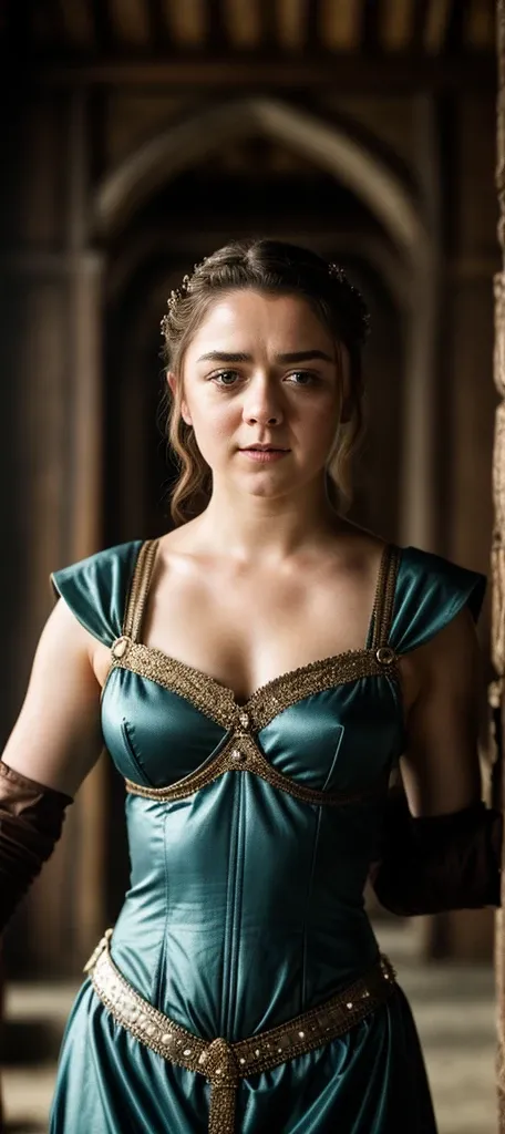 Foto RAW, Arya Stark, Stunning Beauty, Ravishing, Enchantress, Extremely gorgeous lady, Arya Stark PLAYED BY MAISIE WILLIAMS, Queen Arya Stark, she  a mature woman now, milf, sexy mediaeval battle dress, gladiator woman, body, 40 years old Woman, Roman sla...