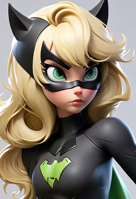 long, straight, blonde-haired, with bangs, Green,  kicat-eyed, with black cat ears between her hair, black superhero mask around her eyes, black on outfit