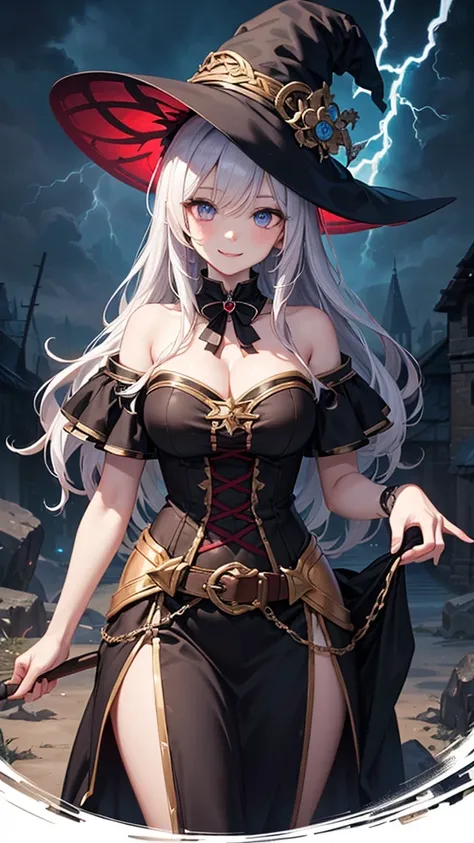 (masterpiece, Top quality), detail, ((Character Concept Art)), (1 名woman, woman, Black long skirt, Witch Hat,young，12 years old，Casting Magic，Huge arc，（（lightning））, Shoulderless neckline，Witch clothing fabric, Many parts), (Pale skin), (detailed Eyes), de...