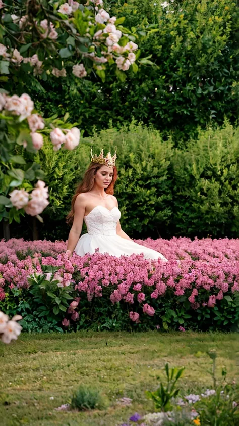 real image of a field of few trees surrounded by flying fairies and flowers, giant mushrooms. in the distance a red-haired woman sitting on a throne with a crown of flowers on her head, 4k HD real image, High Definition, remove cgi, remove 3d. natural and ...