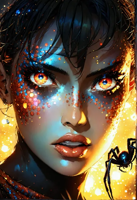 PORTRAIT, only face portrait, macro, aN ANGRY FACE red demon girls next to a black spider portrait, mouth open roaring, scarface red skin with light and glitter, short fire hair with red skulls on hair, shiny and lightening eyes, cosmos eyes, next to a bla...