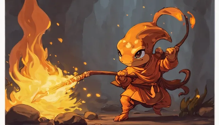 Salamander Monk holding a spear. Cel shaded. Cute. Embers. Burning. Relaxed. 