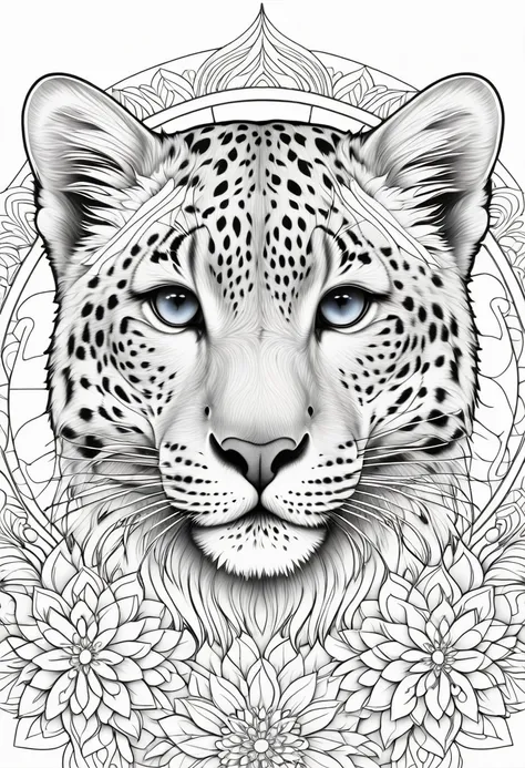 A striking black and white line art coloring page designed for adults with white background, featuring a majestic Snow Leopard in a mandala-inspired style. The Snow Leopard is adorned with intricate patterns that include floral and geometric designs, makin...