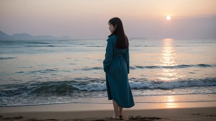 work of art, best qualityer,8K resolution,real,cute photo，A girl is on the beach，Cao Cao，She looked at the sunset in the distance，The sea is sparkling，shot from behind，ultra wide angle lens，Cor fuji