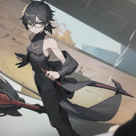 man,Swordsman,Height 169cm,Wear glasses,Black long-sleeved dress, black pants, fashion sandals,((With 5 inches))