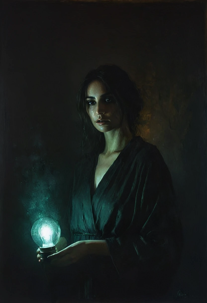 painting of a envy, dark atmosphere, cinematic scene, volumetric lights, ultra realistic, in the style of nicola samori