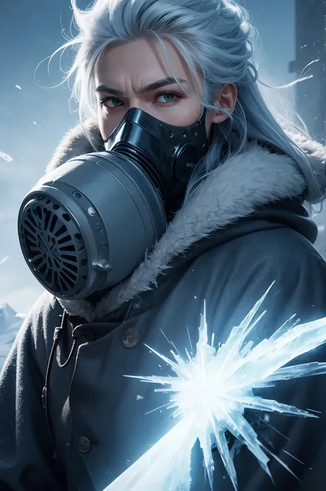 Ice-power wizard with frozen hair and gas mask.