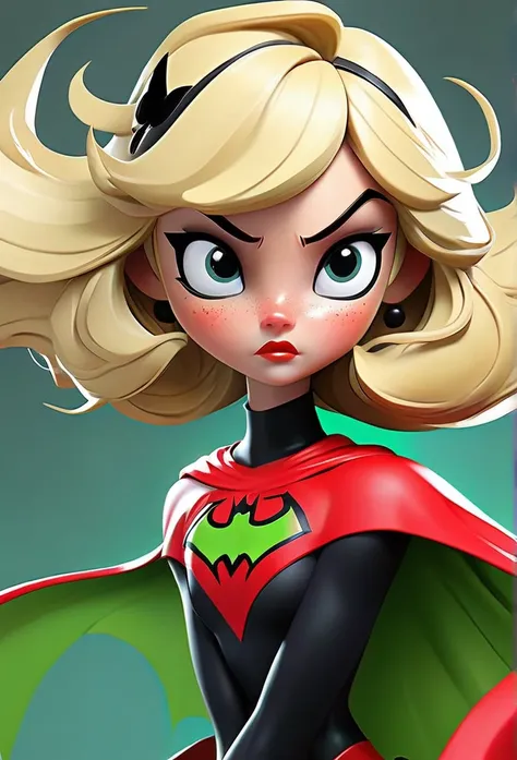 long, straight, blonde-haired, with bangs, Green there is a superhero mask with a red black spot in front of his eyes.She has a red-colored, black-spot dress on top, a superhero girl with bug wings behind her dress