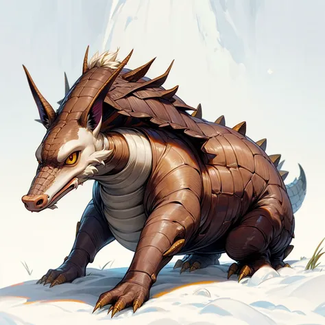 1animal, Mixed animal Evolution, Full body version, dragon mixed with Armadillo, gold eyes, has long horns, Grassroots, full background in snow, (dragon ball style art)