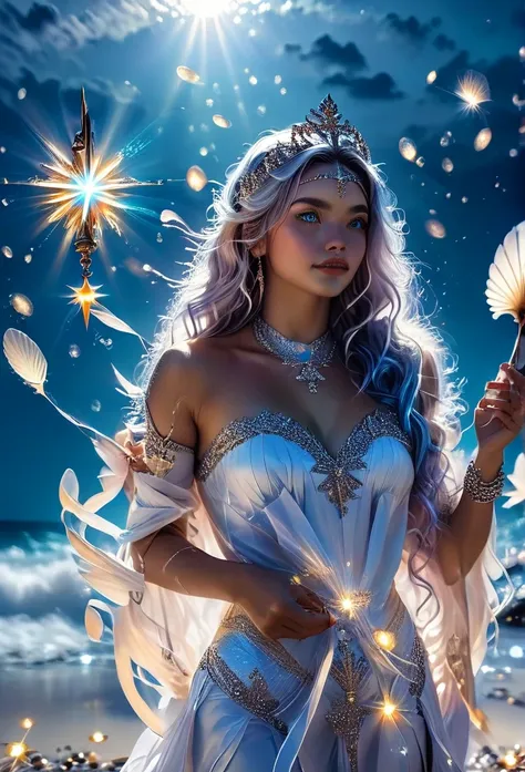 (((deusa yemanjá )))on a beach with shells stars of the sea a bright light, sorceress, beautiful female sorceress, (( oxum uhd )...