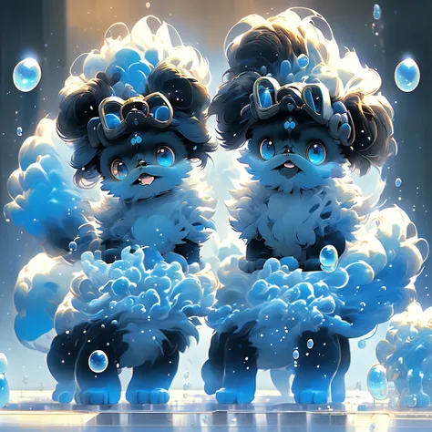 2  black Shih Tzu puppies with blue eyes, wearig goggles,  covered in shampoo bubbles, happy, playful, excited, vibrant bubbles in back ground