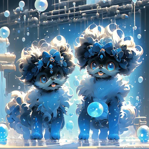 2  black shih tzu puppies with blue eyes, wearig goggles,  covered in shampoo bubbles, happy, playful, excited, vibrant bubbles ...