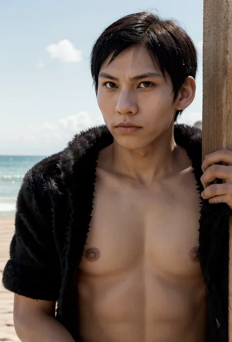 High resolution, Tobio Kageyama ,haikyuu!!, black fur, Alone, 1 chico, male, playa, Mar, outside, detailed eyes, close up, playa volleyball, full face