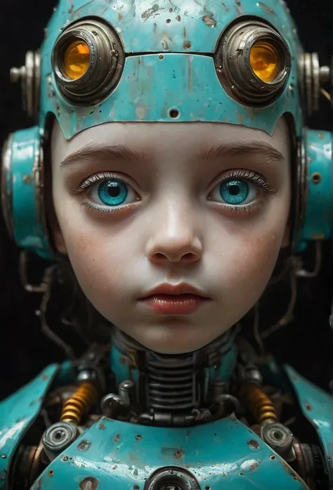 Oil on dirty gauze. Little funny robot, porcelain face and head, big turquoise eyes, perfect eyes, best quality, epic, hyperrealism, fantasy atmosphere, ferrotype defects, visual paradox, causticity, dark theme, cuteness overload, ladyrecore, chiaroscuro, ...