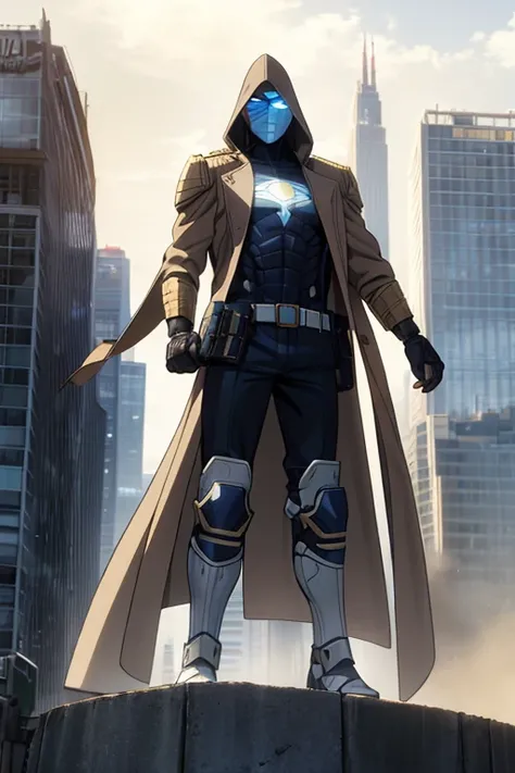 ((best quality)), ((masterpiece)), (detailed), 1 boy in a trench coat standing on a building, full body, 19 years old, masked, white mask covering his entire head and hair, mask, black protective glasses, blue eyes, black face mask, no hair, tall and slend...