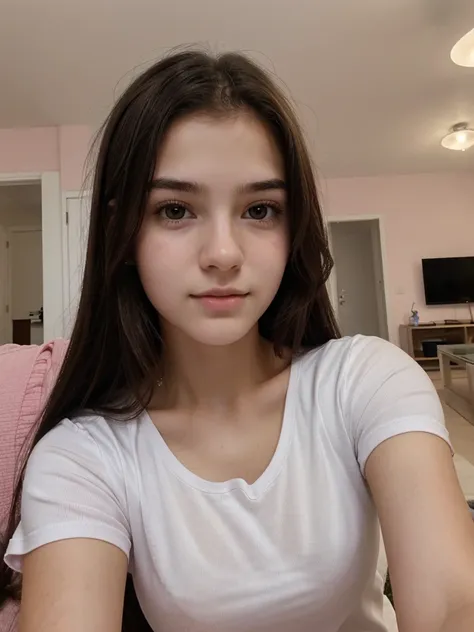 Selfie, Ultrarealistic, 17 year old teen girl, pretty face, white skin, dark brown hair, wearing a pink tshirt, upper body, (selfy with front camera), in living room