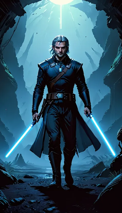 geralt of rivia as a jedi master, witcher (henry cavill a man) in star wars world, blue lightsaber in hand and ready to use, dra...