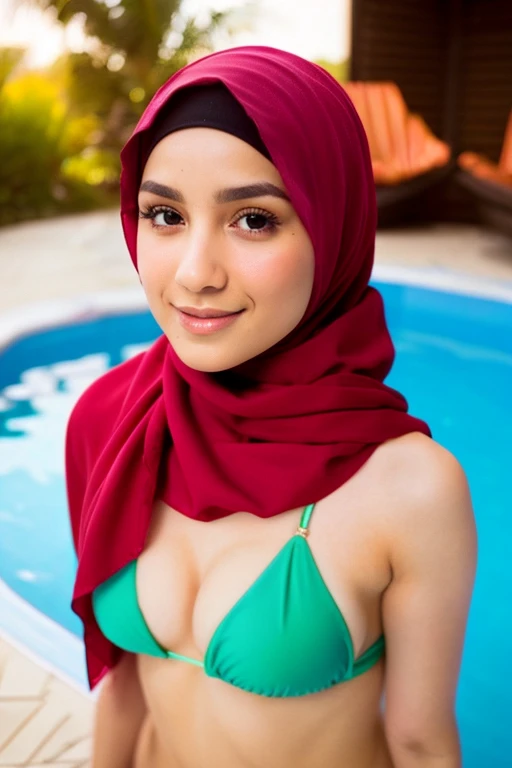 Hijab, wearing a bikini, beautiful, medium breasts, sweet