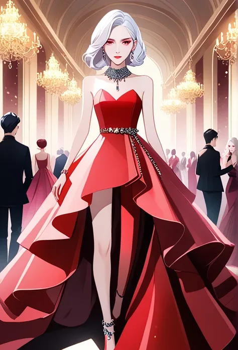 woman about 25 years old,stylist and fashionista, white hair, pink eyes,red dress, that the character is standing at a large par...