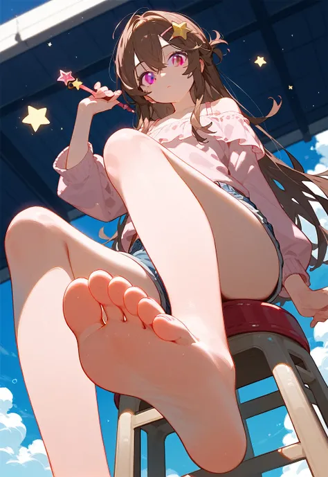 一个女人Sitting on a stool露出她臭脚的Low Angle，Sitting on a stool，Low Angle，front，barefoot，Foot Focus，Pink Off Shoulder Tee，There are bangs between the eyes，Long hair，Brown hair，Denim shorts，Anatomically correct, There is a huge yellow five-pointed star hairpin in ...