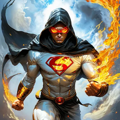 A god man super hero, fire Eyes, comes flying, hooded