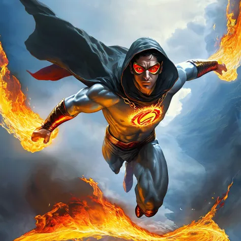 A god man super hero, fire Eyes, comes flying, hooded