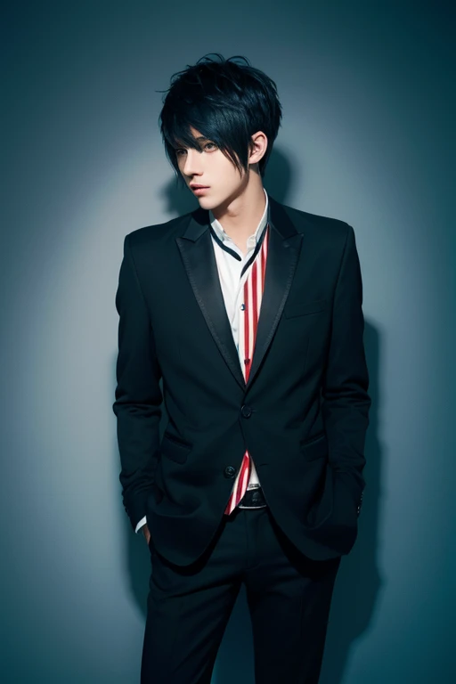 A handsome man with white-blue emo hair, wearing a black blazer with red stripes 