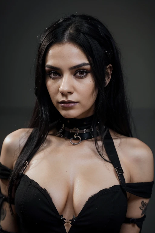 Create an ultra-detailed 4K image of a 22-year-old goth student with black hair. She should have a striking and edgy appearance, with dark, expressive makeup and distinctive gothic attire, including accessories like chokers, rings, and perhaps piercings. H...