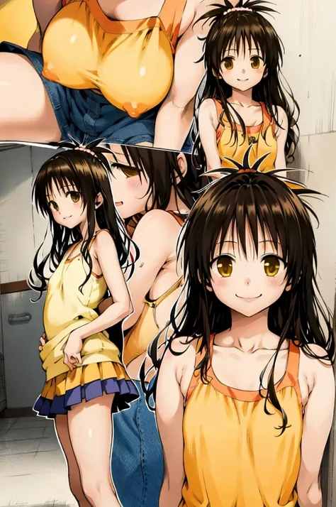 yuuki mikan,yellow tank top, miniskirt, smile,, ),1girl,standing,