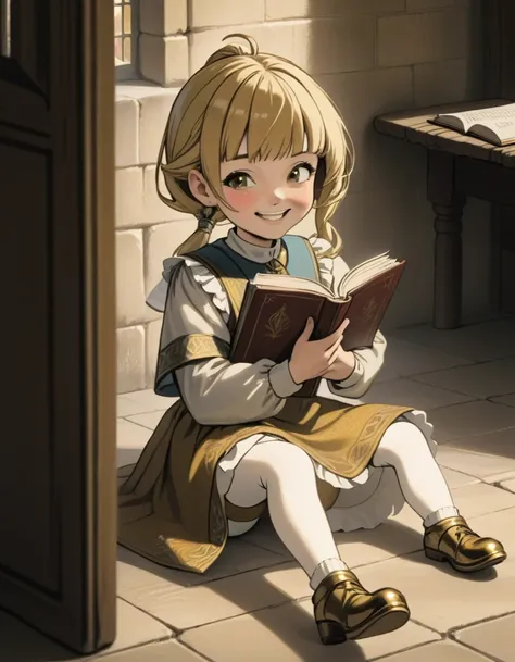 kizi , hair gold , 12 year old , grinning , in a medieval classroom , brown shoe , white stockings, puffed chest, reading a book...