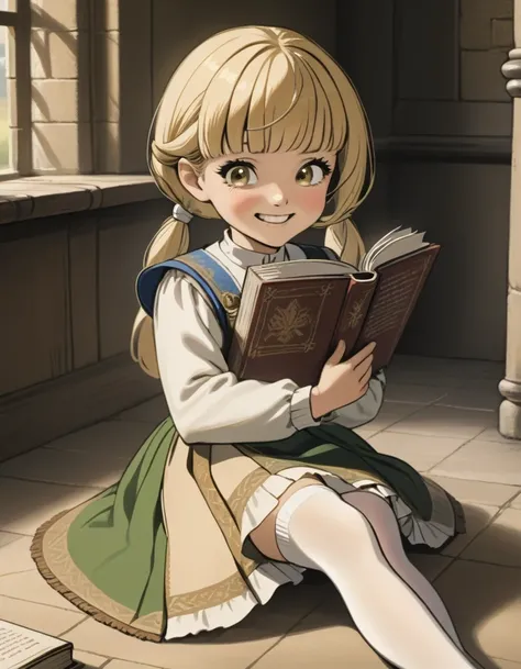 kizi , hair gold , 12 year old , grinning , in a medieval classroom , brown shoe , white stockings, puffed chest, reading a book...