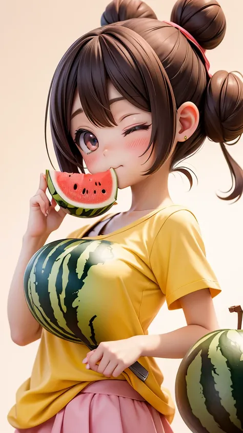 the anime girl with big eyes eating a watermelon with eyes closed, 1girl, food, solo, fruit, hair bun, double bun, looking at viewer, watermelon, holding, holding food, brown hair, yellow shirt, eating, blush,Cheerful girl