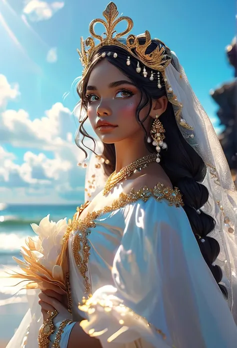 (((Oxalá / GOD )))on a SKY a bright light, Sorceress, beautiful female sorceress, (( oxalá UHD ))) With a beautiful crown of shells and pearls, volantes+ribbons+detailed in tone , It should look charming and beautiful, Keep the iconic elements of the origi...