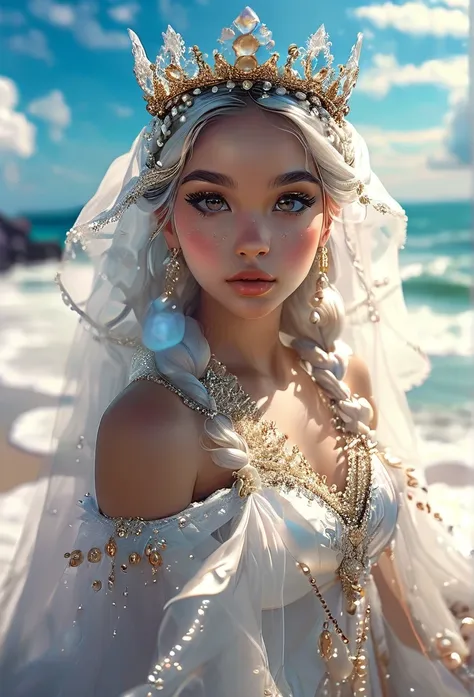 (((Oxalá / GOD )))on a SKY a bright light, Sorceress, beautiful female sorceress, (( oxalá UHD ))) With a beautiful crown of shells and pearls, volantes+ribbons+detailed in tone , It should look charming and beautiful, Keep the iconic elements of the origi...