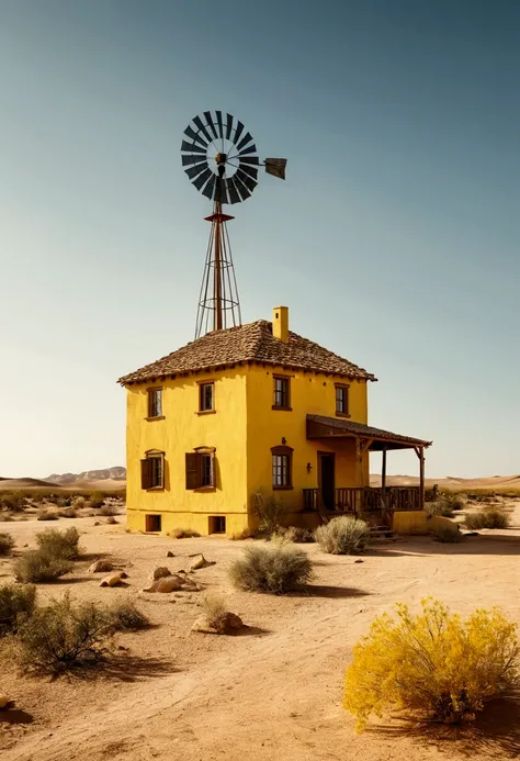 Yellow house in the desert with a windmill next to it