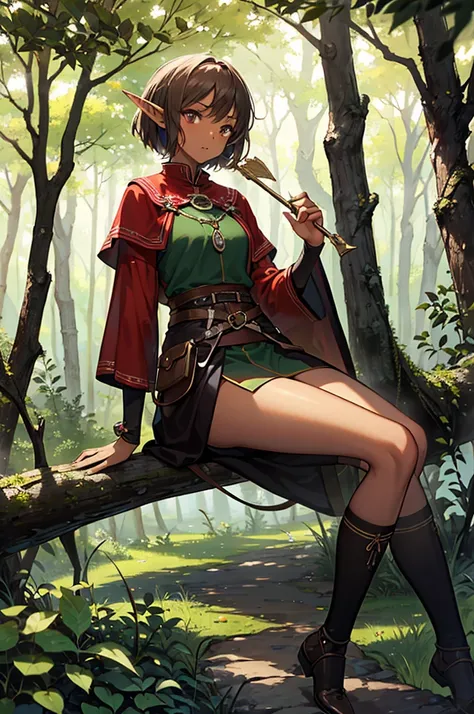 Brown-skinned elf woman, adventuress, medieval, forest background