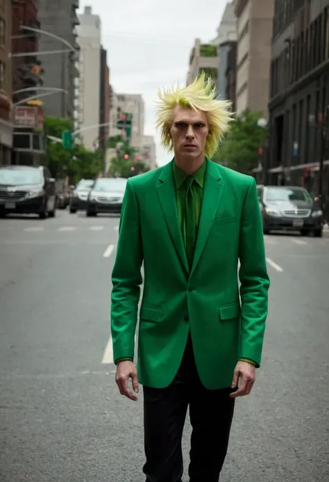 Tall man dressed in green and scary blonde hair in the middle of the street