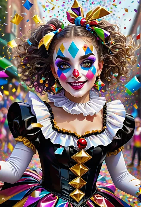 llumination metallic gratescape fantasy land adorable darling dancing harlequin throwing confetti in a confetti filled parade with mesmerizing hazel eyes, showered in confetti branded welding, ultradetailed, fine-tuned realism, excentric glass, astrophotog...