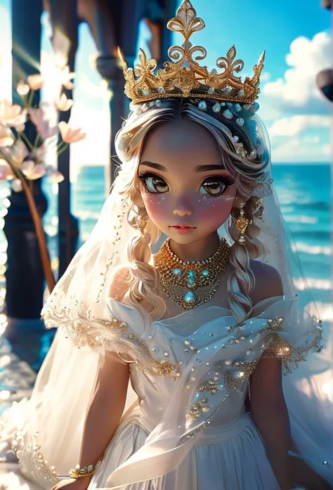 (((King Oxalá / GOD )))on a SKY a bright light, Sorceress, beautiful female sorceress, (( oxalá UHD ))) With a beautiful crown of shells and pearls, volantes+ribbons+detailed in tone , It should look charming and beautiful, Keep the iconic elements of the ...