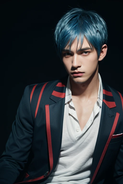 A handsome man with white-blue emo hair, wearing a black blazer with red stripes 