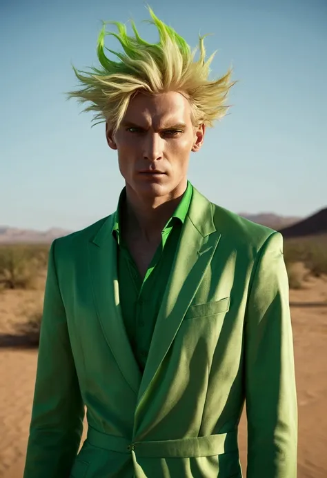 Tall man dressed in green and scary blonde hair in the middle of the desert