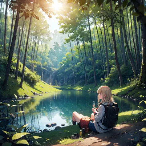 Girl sitting camping, dense and illuminated forest, view of a large lake with sun reflection