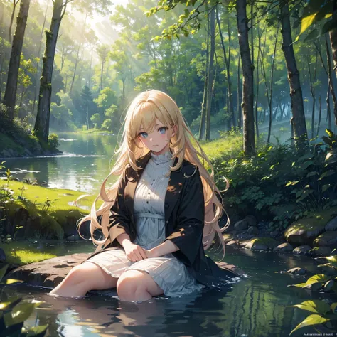 a girl sitting camping, dense and illuminated forest, view of a large lake with sun reflection, (best quality,4k,8k,highres,masterpiece:1.2),ultra-detailed,(realistic,photorealistic,photo-realistic:1.37),nature landscape, beautiful detailed eyes, beautiful...