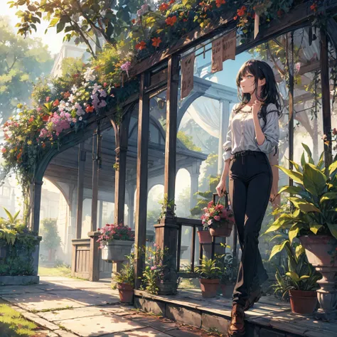 4K,  Charismatic, Very detailed, There is a girl in the garden house, Soft Theme, pants, Age 25, Fantasy