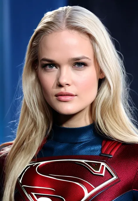 Very close up.a beautiful woman Gabriella Wilde (((With part of his head shaved))),under the mantle of the Kryptonian Kara Zor-The alias Supergirl,(((Front images))),(((Splash color images))),(((Traje Man Of Steel Movie))),(((long blonde hair))),(((With pa...