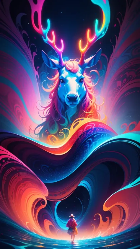 (Psychedelic painting of moose standing in front of colorful whirlpools), ((Multi-sewn large antlers, stag, Big head)), Light and shadow, Waves, Multi-layered, foreground, Distant view, fractal thunder dan mumford, Dan Mount Ford and Alex Gray style, psych...