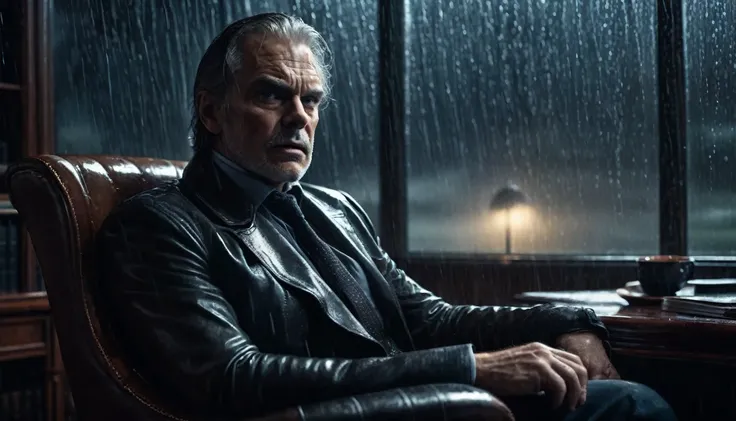 Scary horror image.  Of a dark and stormy night.  Image of a man sitting in a leather chair in his luxurious office, with a tense expression on his face. The rain beat violently on the windows,     PICTURE REALISTIC, high resolution, 8k 