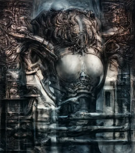 xgiger, The image is a detailed view of H.R. Gigers biomechanical tableau " Necronom  V" plate, featuring
 a stylized digital artwork featuring a close-up of a robotic face with a mouth open, set against a backdrop of industrial machinery., that appears to...