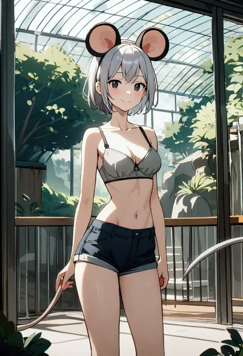 1girl with short grey hair, black eyes, slender body, medium breasts, mouse ears, mouse tail, smile, grey bra, short shorts,zoo aviary