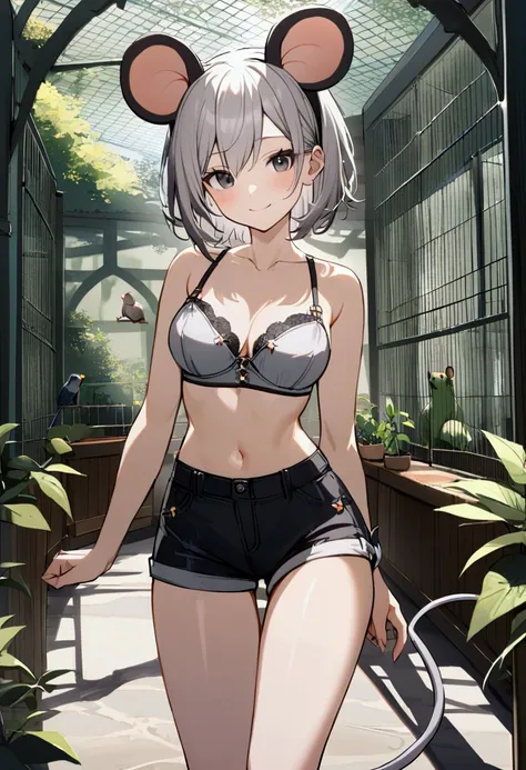 1girl with short grey hair, black eyes, slender body, medium breasts, mouse ears, mouse tail, smile, grey bra, short shorts,zoo aviary